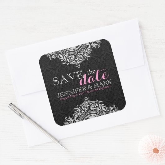日付を保存する黒いマスクと白いフローラレース スクエアシール (封筒)