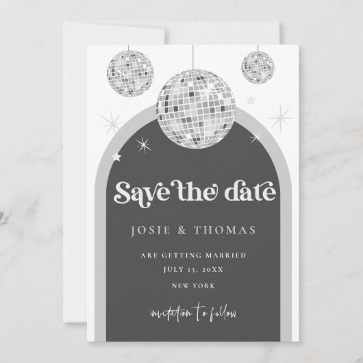 日付を保存する黒い灰色のレトロディスコの溝写真 招待状 (正面)