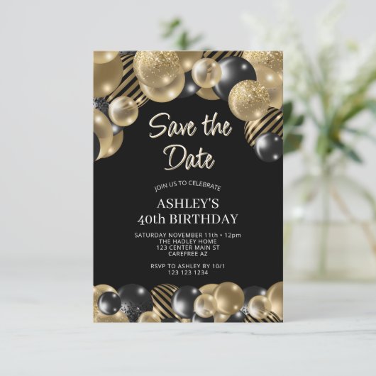 日付を保存する黒い金ゴールド40th誕生日 招待状 (スタンド正面)