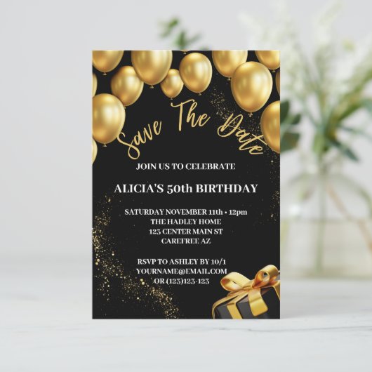 日付を保存する黒い金ゴールド50番目の誕生日招待状 招待状 (スタンド正面)