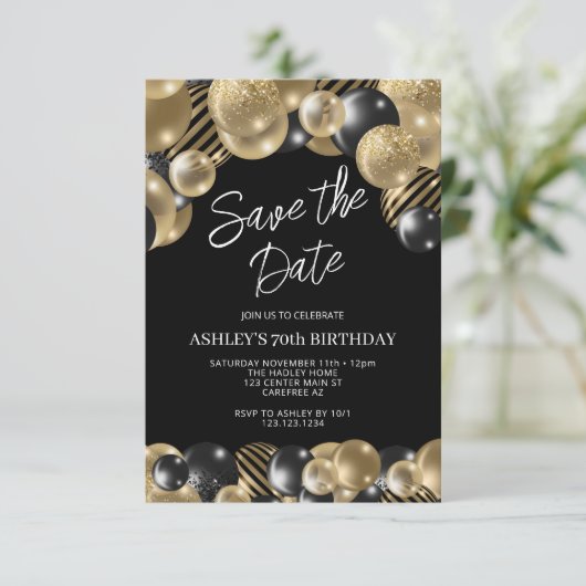 日付を保存する黒い金ゴールド70誕生日 招待状 (スタンド正面)
