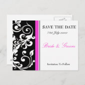 日付を保存する黒とホットピンク 案内ポストカード (正面/裏面)