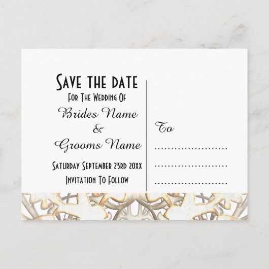 日付を保存する黒と白のレースのフィレット 案内ポストカード (裏面)