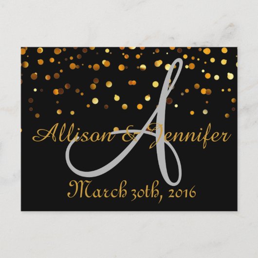 日付を保存する黒と金ゴールドグリッターフェイク箔 案内ポストカード (正面)