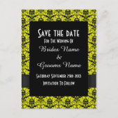 日付を保存する黒と黄色のダマスク 案内ポストカード (正面)