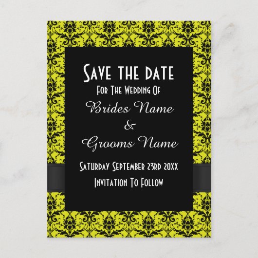日付を保存する黒と黄色のダマスク 案内ポストカード (正面)