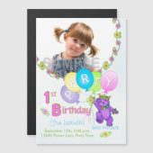 日付を保存する1番目の誕生日パーティー紫の熊 マグネット招待状 (正面/裏面)