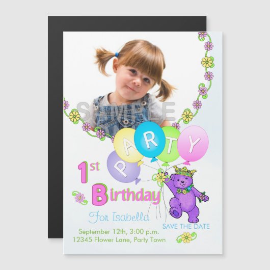 日付を保存する1番目の誕生日パーティー紫の熊 マグネット招待状 (正面/裏面)
