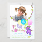 日付を保存する1番目の誕生日パーティー紫の熊 マグネット招待状 (正面)