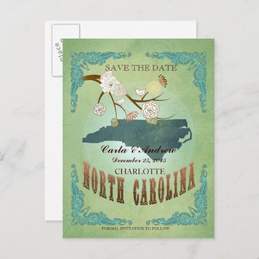 日付を保存する – ノースカロライナの地図を素敵な鳥で 案内ポストカード (正面/裏面)