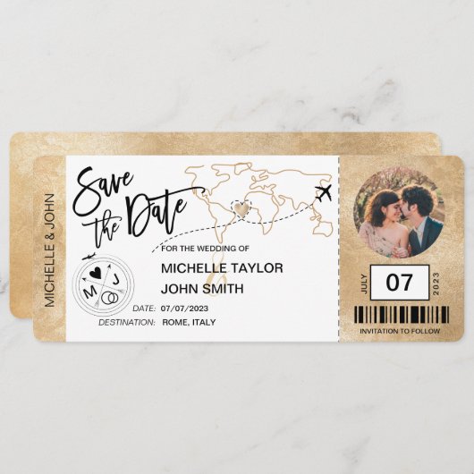 日付を保存する 搭乗券 シンプル 世界地図 招待状 (正面/裏面)