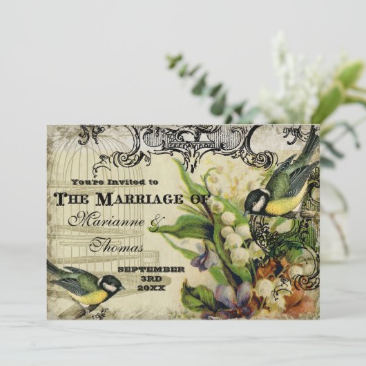 日付を保存する、黄色の歌の鳥のケージ旋回フローラ 招待状 (スタンド正面)