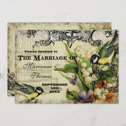 日付を保存する、黄色の歌の鳥のケージ旋回フローラ 招待状 (正面/裏面)