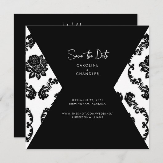 日付を保存するB/Wダマスク写真ウェディング セーブザデート (正面/裏面)