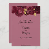 日付を保存するBurgundyと金ゴールドフローラ セーブザデート (正面/裏面)