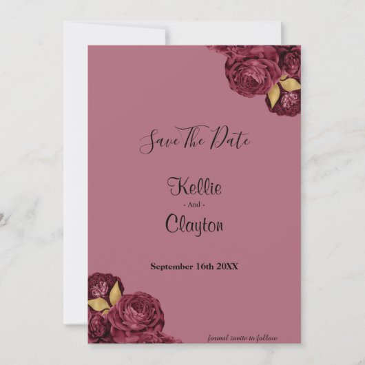 日付を保存するBurgundyと金ゴールドフローラ セーブザデート (正面)