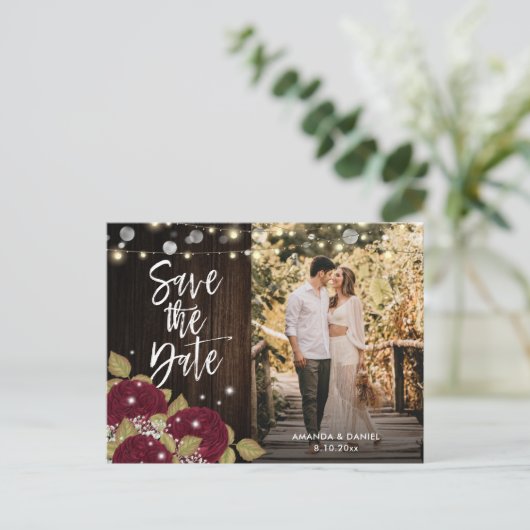 日付を保存するBurgundy結婚式の写真はがき 案内ポストカード (スタンド正面)