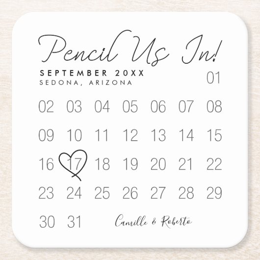 日付を保存すミニマルるために、ホワイトカレンダーで鉛筆を使う スクエアペーパーコースター (正面)