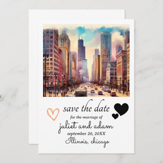 日付を保存す結婚るハートのシカゴのスカイラインはほとんどない 招待状 (正面/裏面)