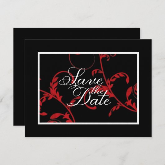 日付を保存エレガントフォーマルつる植物黒い赤 セーブザデート (正面/裏面)
