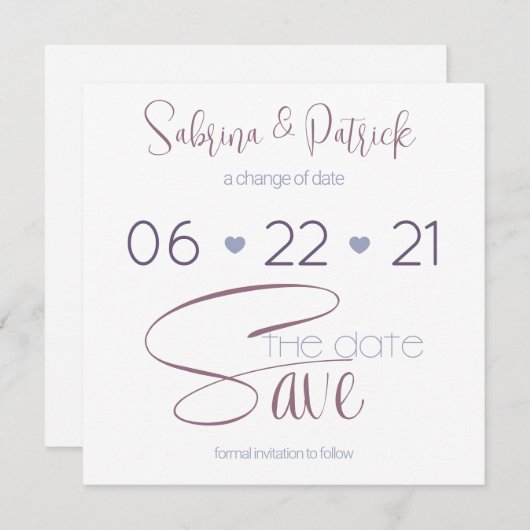 日付を保存タイポグラフィほこりっぽいプラム 招待状 (正面/裏面)