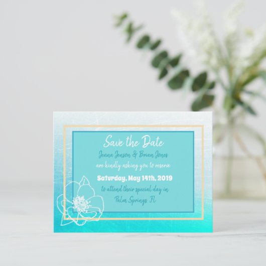 日付を保存ターコイズティール（緑がかった色）ホワイトフラワー結婚ズ ポストカード (スタンド正面)
