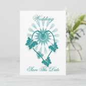 日付を保存ティール(緑がかった色)色の蝶ハート セーブザデート (スタンド正面)