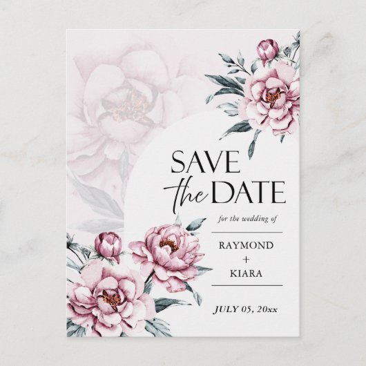 日付を保存デュスキーピンク牡丹結婚式招待状 ポストカード (正面)
