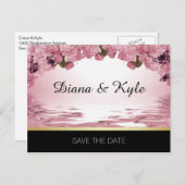 日付を保存バタフライピンクブラック金ゴールド結婚 案内ポストカード (正面/裏面)