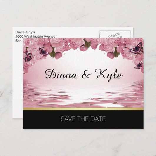 日付を保存バタフライピンクブラック金ゴールド結婚 案内ポストカード (正面/裏面)