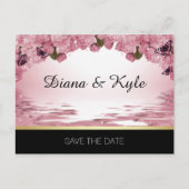 日付を保存バタフライピンクブラック金ゴールド結婚 案内ポストカード (正面)