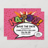 日付を保存ピンクハート漫画結婚ブック 案内ポストカード (正面/裏面)