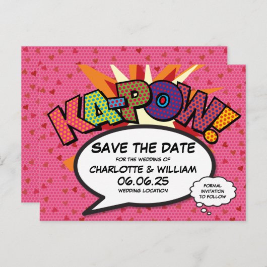 日付を保存ピンクハート漫画結婚ブック 案内ポストカード (正面/裏面)