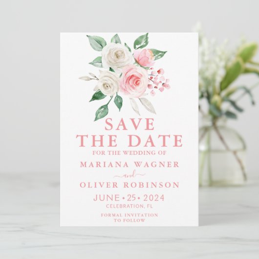 日付を保存ピンクピーチホワイトウォーターのカラーフローラ 招待状 (スタンド正面)