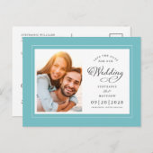 日付を保存フォトアクアブルーグリーンシック結婚ズ 案内ポストカード (正面/裏面)