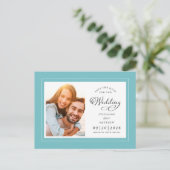 日付を保存フォトアクアブルーグリーンシック結婚ズ 案内ポストカード (スタンド正面)