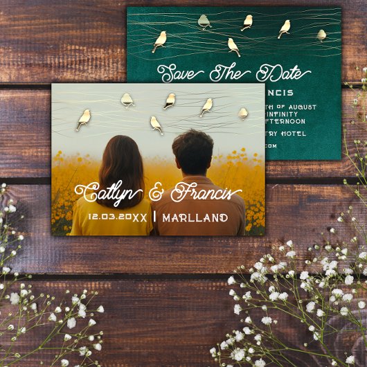 日付を保存フォトウッドランドコテージゴールデンバード 招待状