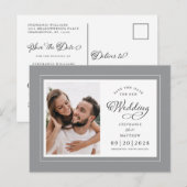日付を保存フォトグレー&ホワイトエレガントな結婚式 案内ポストカード (正面/裏面)