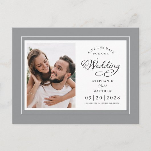 日付を保存フォトグレー&ホワイトエレガントな結婚式 案内ポストカード (正面)