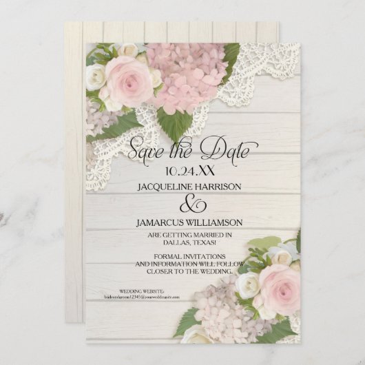 日付を保存フォトレースピンクアジサイの木のフェンス セーブザデート (正面/裏面)