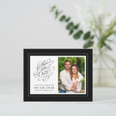 日付を保存フォト写真ブラックエレガントな結婚式 案内ポストカード (スタンド正面)