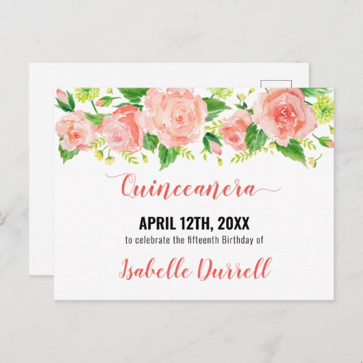 日付を保存フローラコーラルピーチピンクローズフラワー 案内ポストカード (正面/裏面)