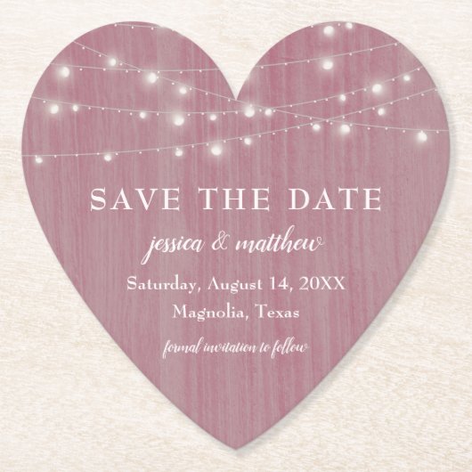 日付を保存素朴するFarmhouse String Lightsピンク ペーパーコースター (正面)