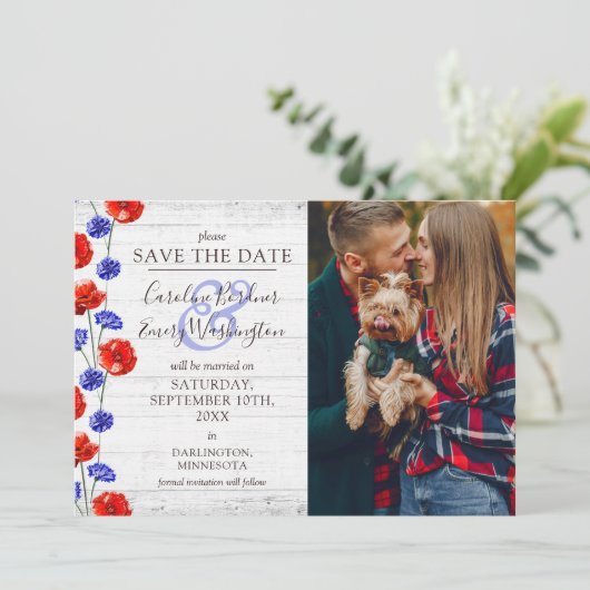日付を保存素朴木製レッドポピー4-Photoカード 招待状 (スタンド正面)