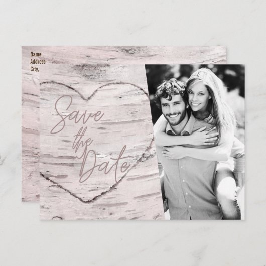 日付を保存素朴白樺の木婚約写真 ポストカード (正面/裏面)