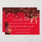 日付を保存花模様バラドリップブルゴーニュ赤 セーブザデート (正面/裏面)