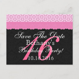 日付を保存16誕生日ピンクと黒のレース 案内ポストカード
