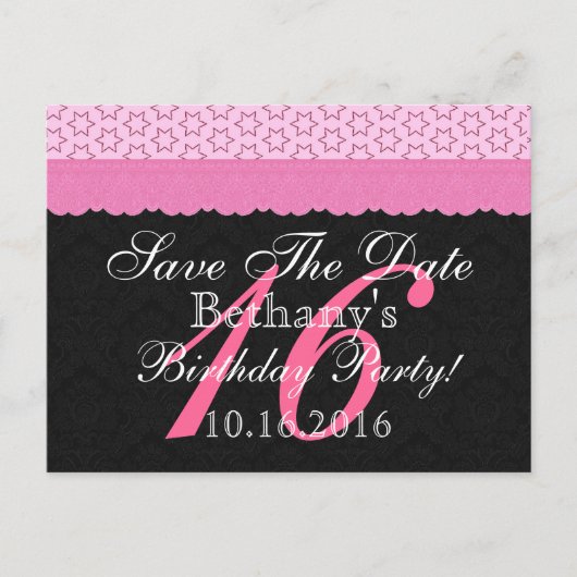 日付を保存16誕生日ピンクと黒のレース 案内ポストカード (正面)