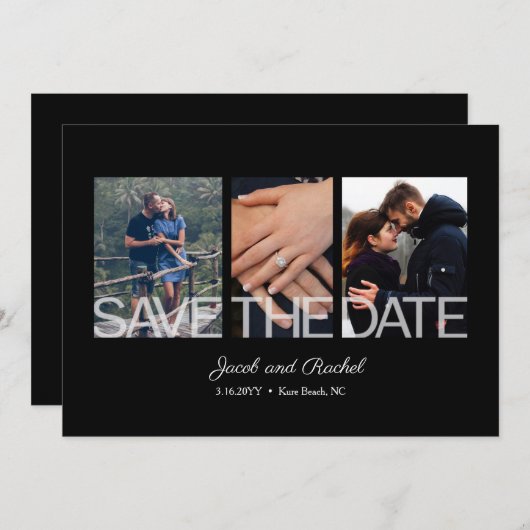 日付を保存3-Photoコラージュ白黒結婚 セーブザデート (正面/裏面)