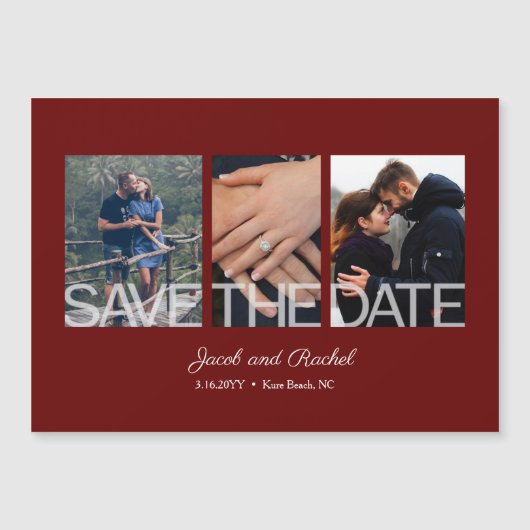 日付を保存3-Photo Collage Red Burgundy Magnet (正面)